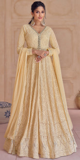 Cream Pure Georgette designer dress skirt style with detailed embroidery
